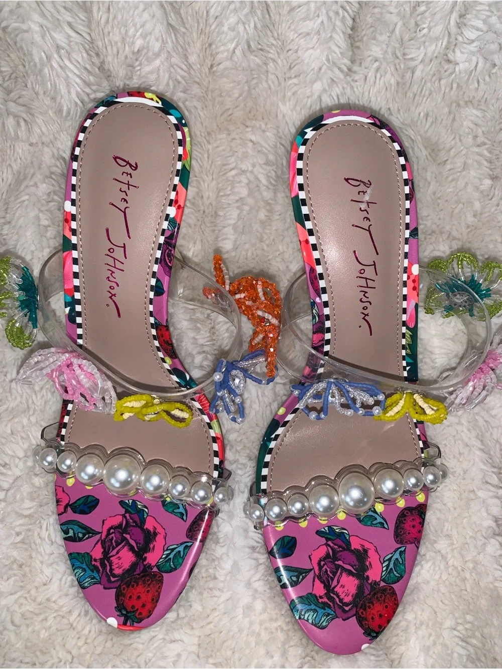 NWOB Betsey Johnson Goldiee Embellished Open-Toe Heels In Berry Multicolor 7.5